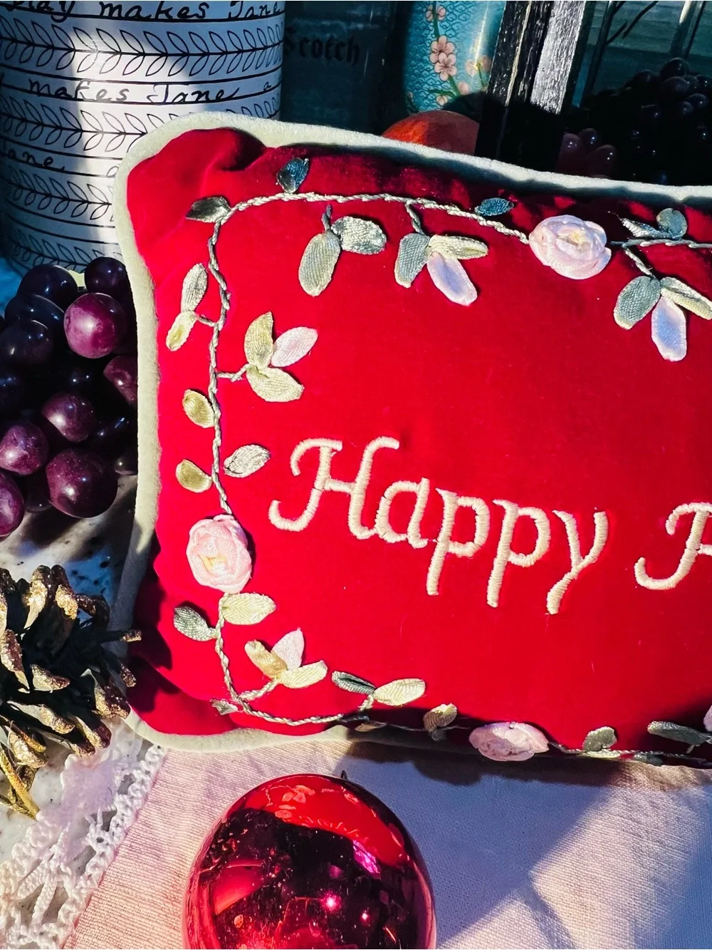 Embroidered 'Happy Holidays' Red Christmas Pillow Like New!